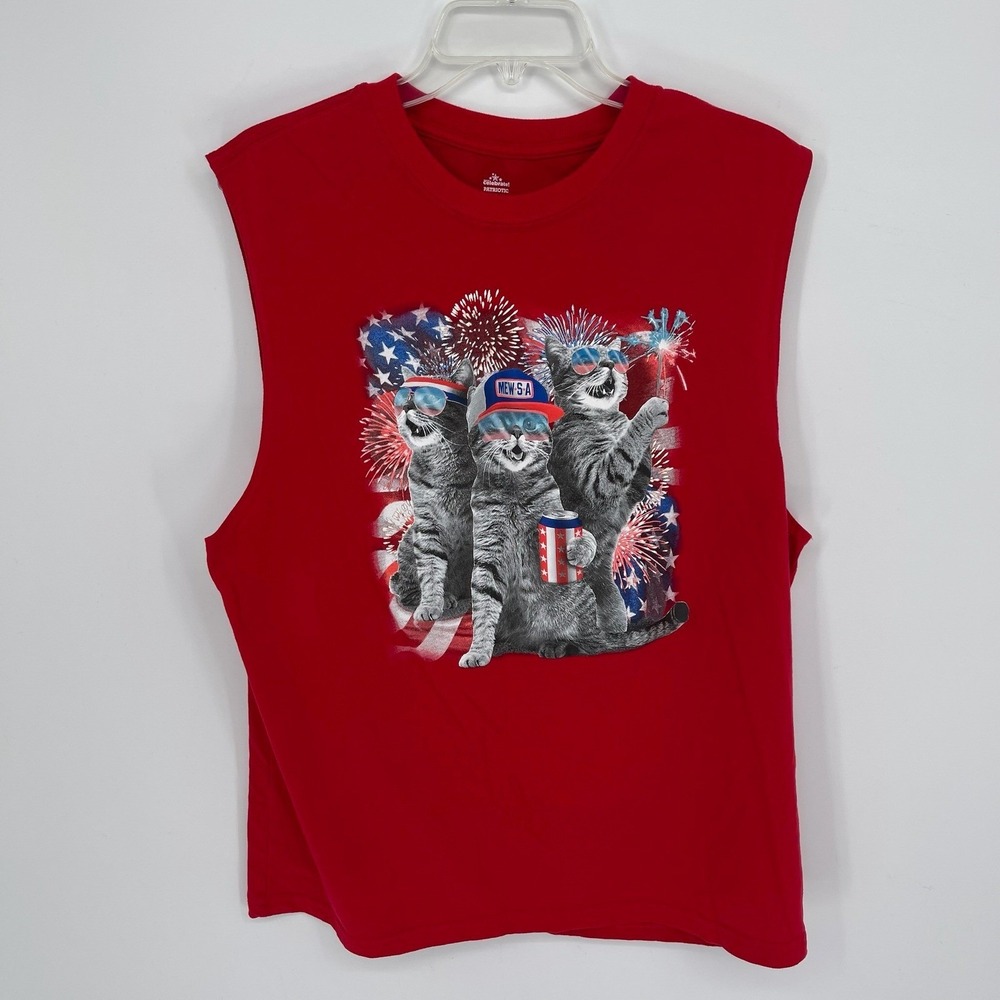 Way To Celebrate Men's Red Patriotic Cat 4th of July Graphic Tank Top Size L